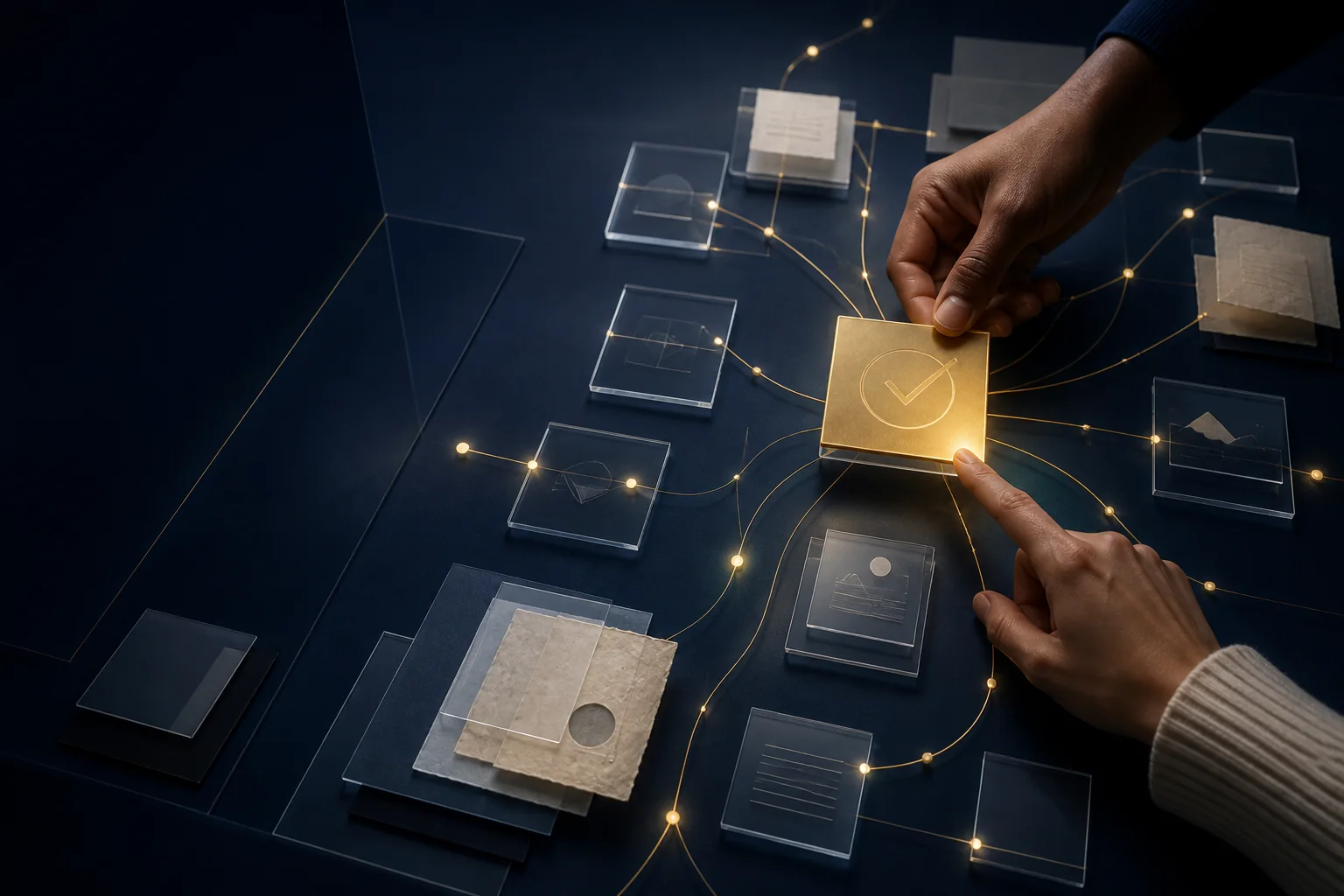 Hands connecting verified professional knowledge to a wider content network